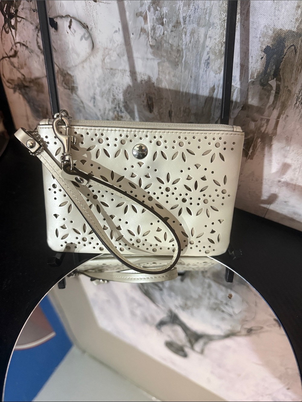 Coach Cream White Perforated Leather Wristlet Clutch
